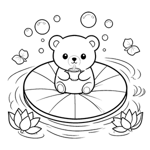Entspannter Kawaii-Bär mit Tasse Ausmalvorlage für Gemütlichkeitsfreunde