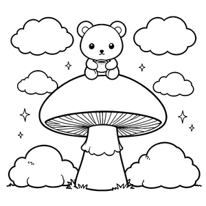 Ruhiger Kawaii-Bär auf einem Pilz Malbild für malfreudige Naturfreunde