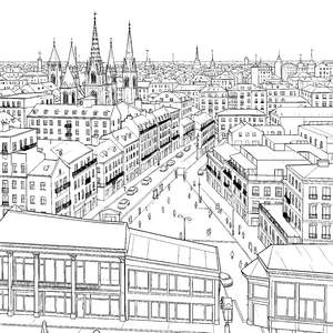 Historische Stadtansicht mit Kirchtürmen Ausmalvorlage für junge Weltenbummler