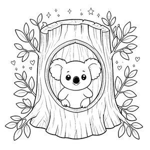 Heiterer Koala im Baumstamm Malbild für verträumte Weltenbummler