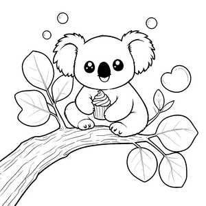 Fröhlicher Koala mit Cupcake Ausmalvorlage für kleine Abenteurer