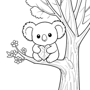 Ruhiger Koala mit herzförmigem Blatt Ausmalvorlage für kleine Bastler