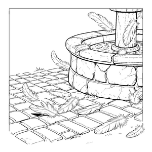 Leichte Federn am Brunnen Malbild für kreative Weltenbummler