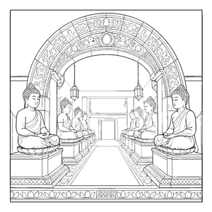 Heilige Buddhas im Tempelgang Ausmalbild für kreative Spürnasen