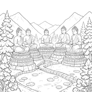 Ehrwürdige Buddhas im Bergwald Malvorlage für mutige Weltenbummler