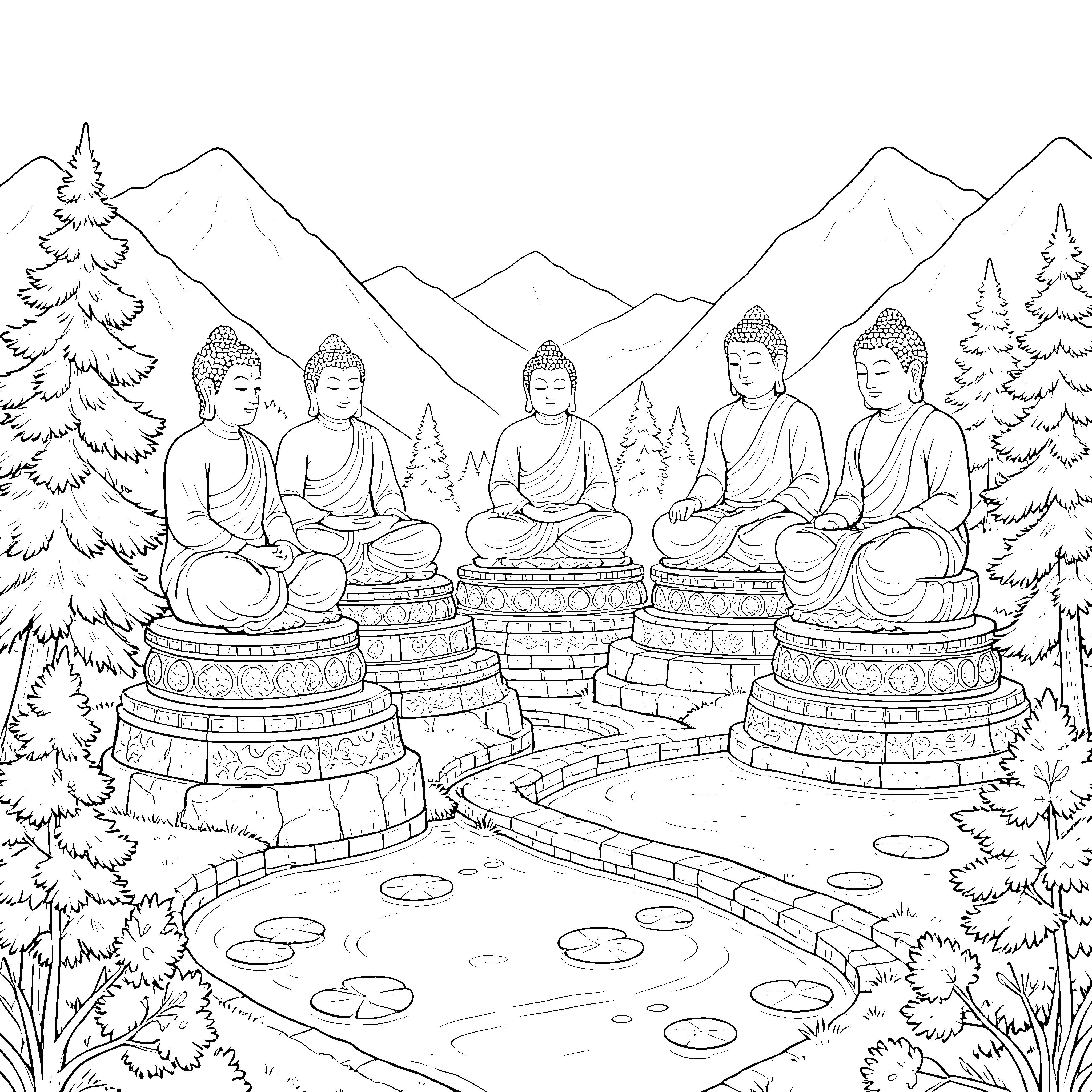 Ehrwürdige Buddhas im Bergwald Malvorlage für mutige Weltenbummler