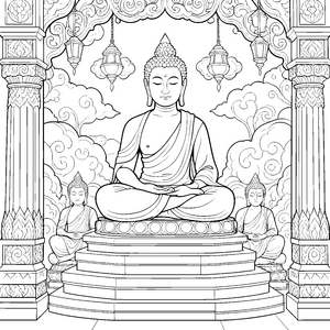 Erhabener Buddha mit Laternen Ausmalbild für neugierige Bücherwürmer