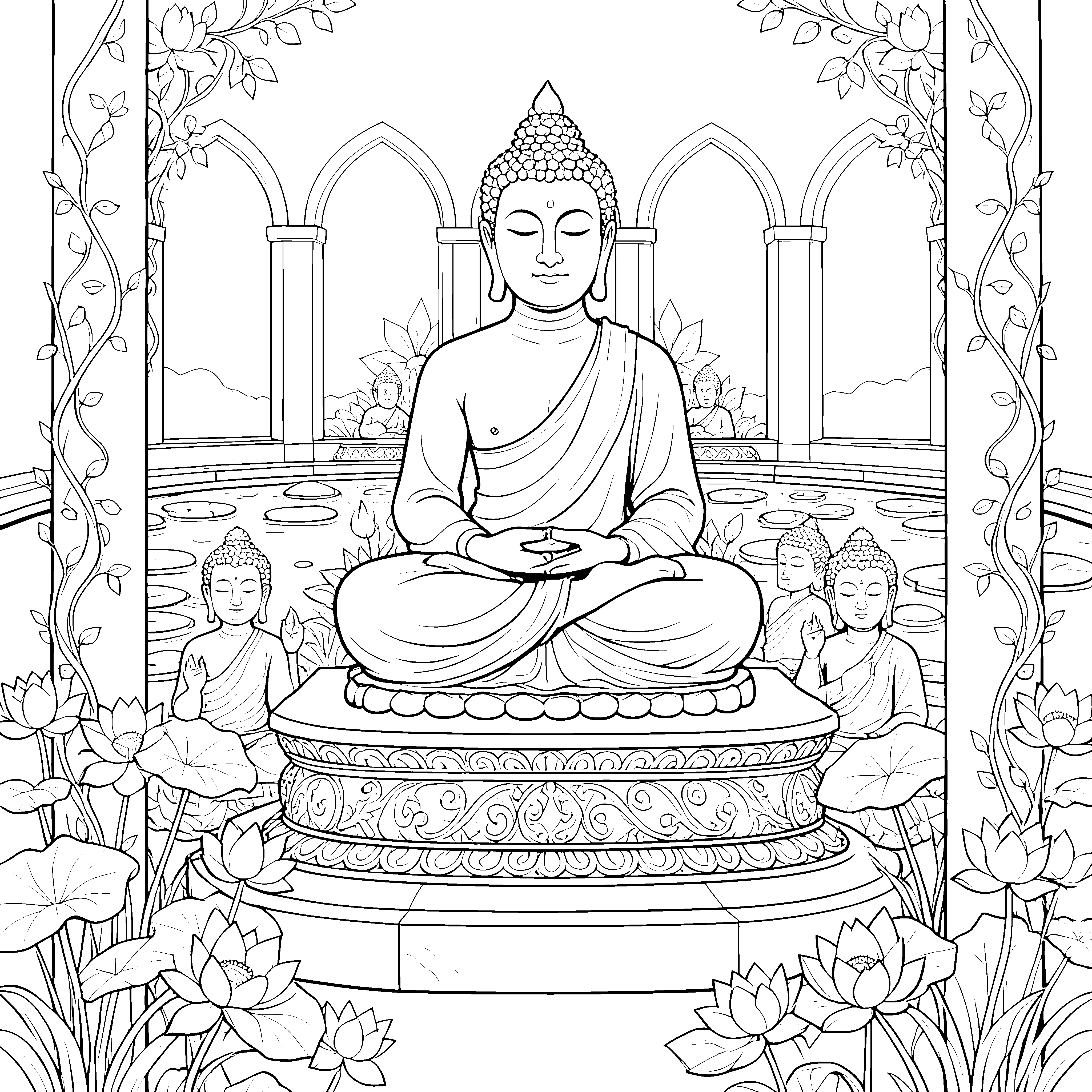 Meditativer Buddha im Tempel Ausmalvorlage für mutige Tüftler