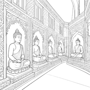 Reihenweise Buddhas in Nischen Ausmalvorlage für Entdecker