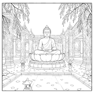 Erhabener Buddha auf Lotusblüte Ausmalvorlage für kreative Träumer