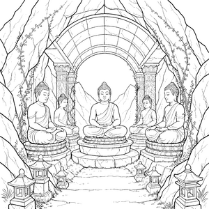 Ehrwürdige Buddhas im steinernen Tor Ausmalvorlage für neugierige Landratten