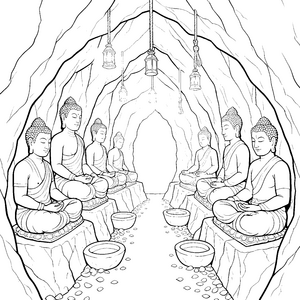 Andächtige Buddhas in der Höhle Malvorlage für Abenteurer
