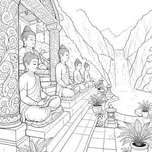 Friedliche Buddhas am Wasserfall Ausmalbild für kleine Abenteurer