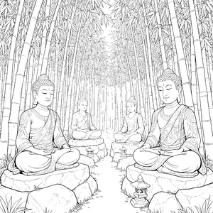 Ruhige Buddhas im Bambuswald Ausmalvorlage für fröhliche Weltenbummler