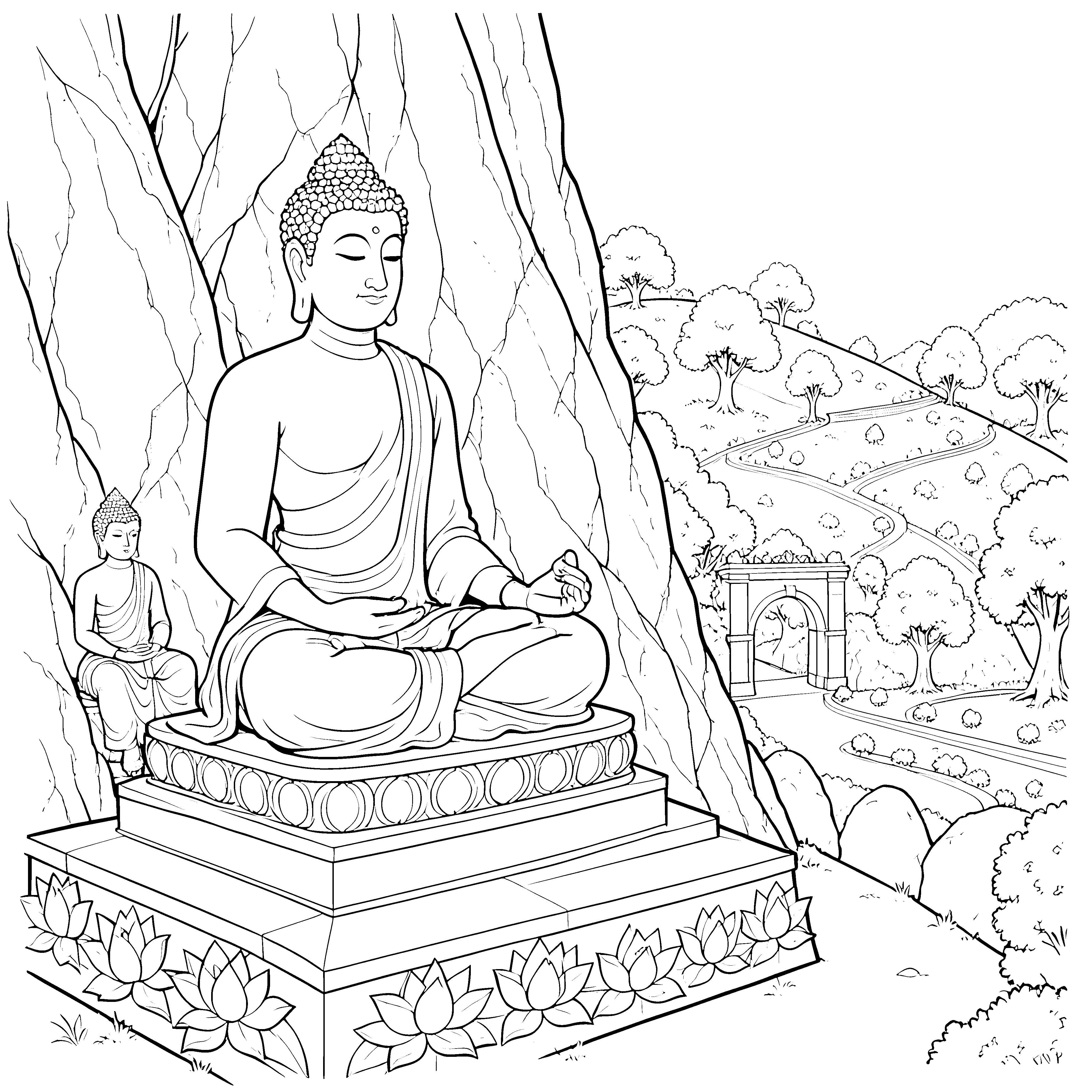 Ehrwürdiger Buddha vor Felsen Malbild für neugierige Spürnasen