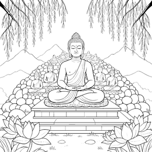 Ehrwürdiger Buddha unter Trauerweiden Ausmalbild für mutige Weltenbummler