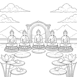 Erhabene Buddhas vor Bergkulisse Malbild für malfreudige Weltenbummler