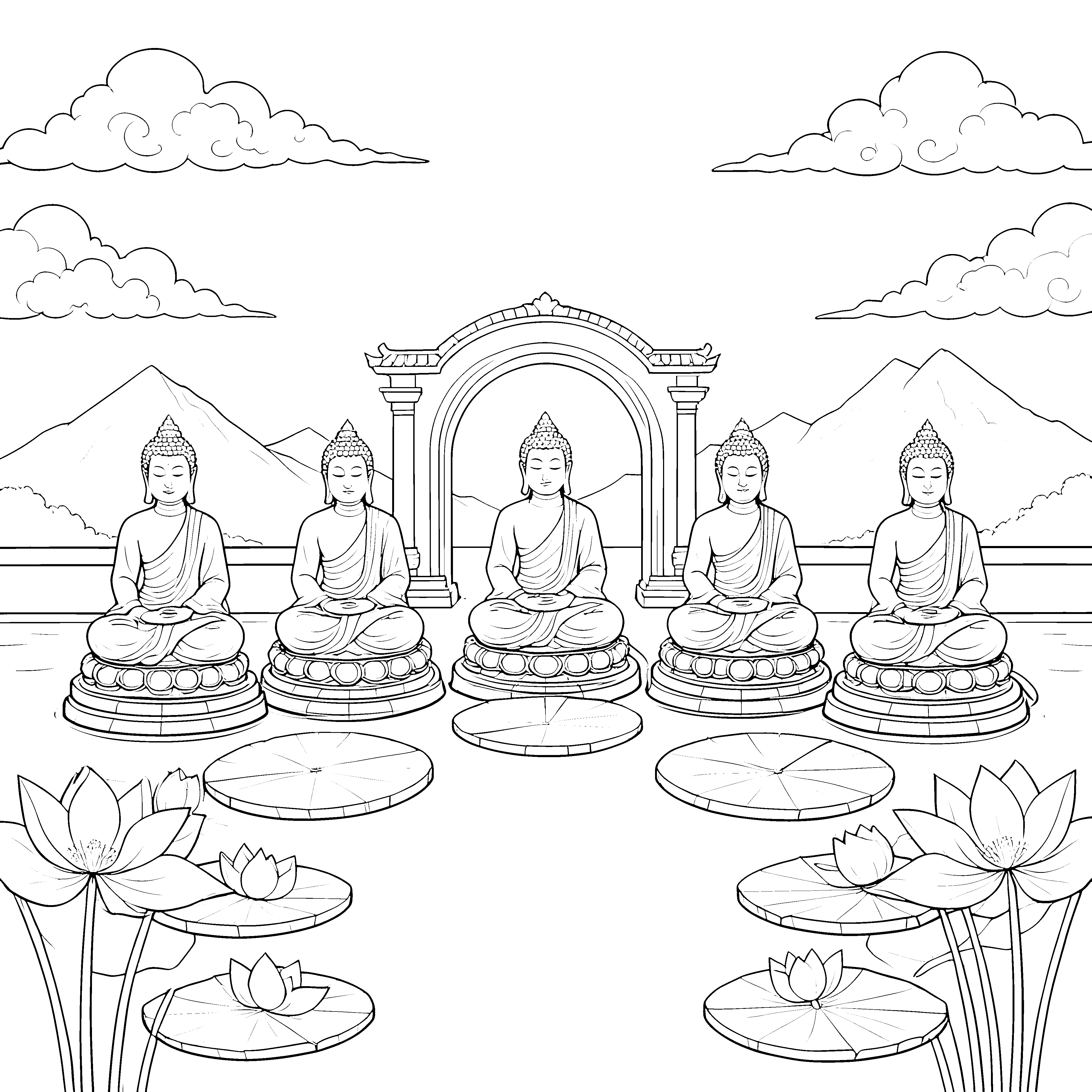 Erhabene Buddhas vor Bergkulisse Malbild für malfreudige Weltenbummler