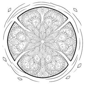 Symmetrisches Herz-Mandala mit Blättern Ausmalvorlage für junge Tüftler