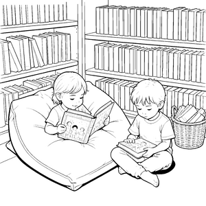 Ruhige Kinder im Bücherregal Malvorlage für junge Bücherwürmer