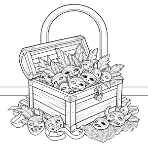 Geheimnisvolle Masken in der Truhe Malvorlage für kreative Abenteurer
