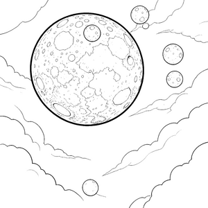 Großer Kratermond zwischen Wolken Ausmalvorlage für junge Weltraumreisende