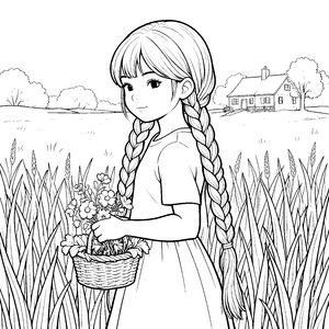 Freudiges Mädchen mit Bauernzöpfen und Blumenkorb Ausmalbild für fröhliche Blumenkinder