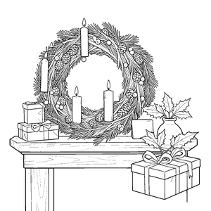 Prachtvoller Adventskranz mit Geschenken Malvorlage für verträumte Abenteurer