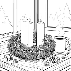 Gemütliche Adventskerzen mit Tasse Ausmalvorlage für Hobbyköche