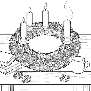 Besinnlicher Adventskranz mit Tasse Malbild für verträumte Bücherwürmer
