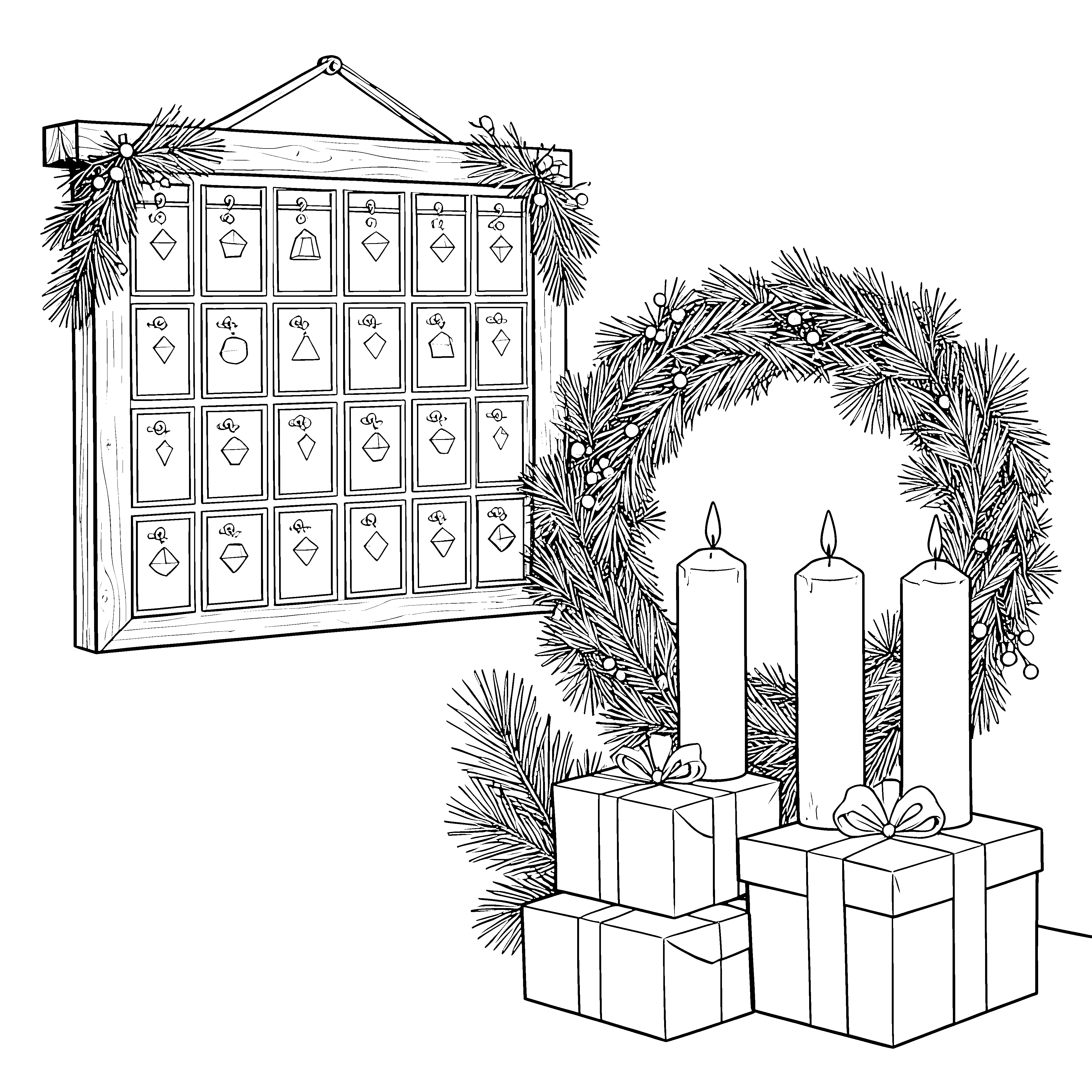 Heimeliger Adventskalender mit Geschenken Malvorlage für mutige Bastler