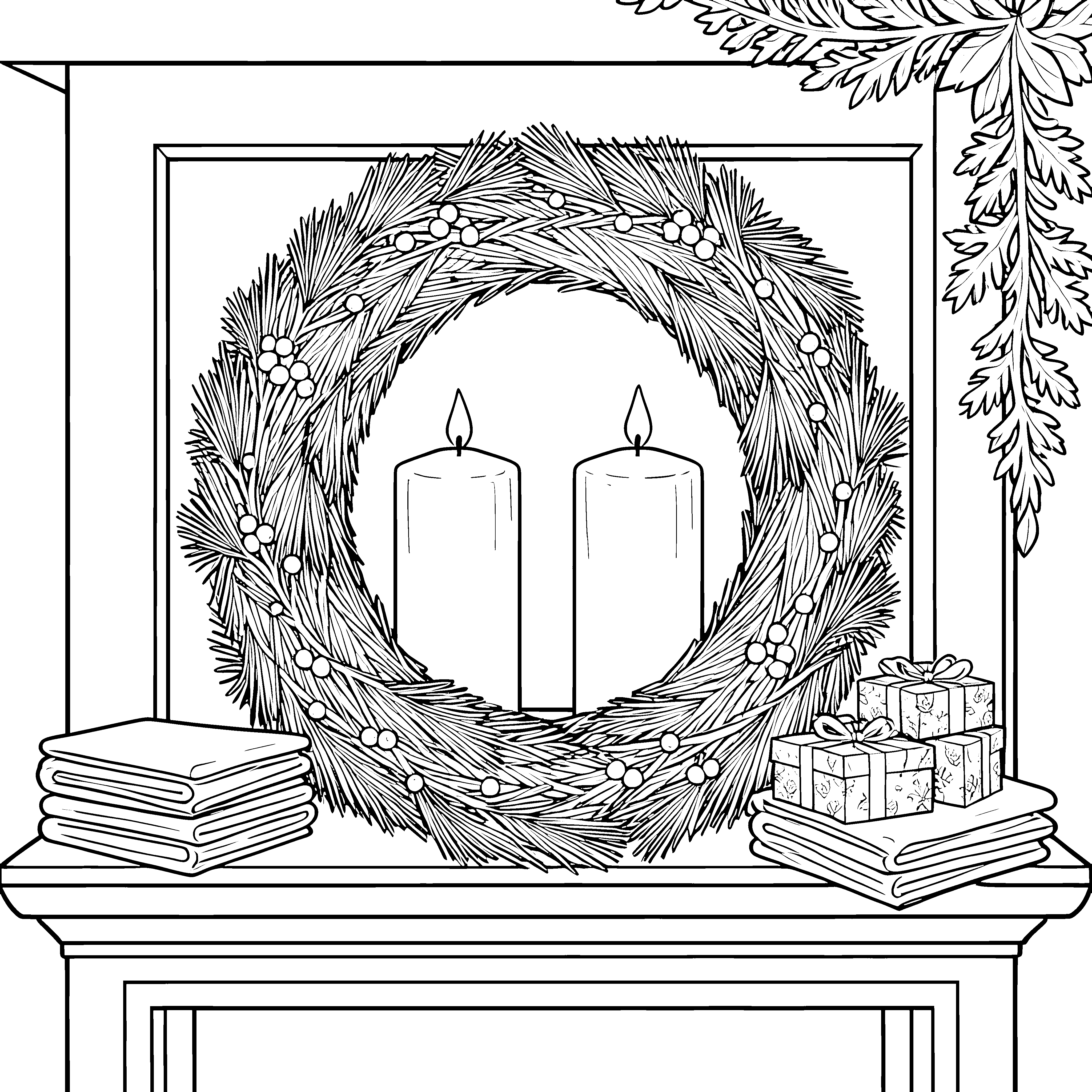 Gemütlicher Adventskranz mit Kerzen und Geschenken Ausmalvorlage für junge Hobbyköche