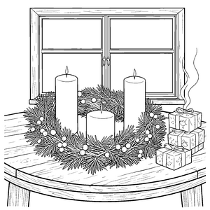 Begeisterte Adventskerzen auf der Fensterbank Malvorlage für kreative Sternengucker