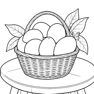 Üppige Mangos im geflochtenen Korb Ausmalbild für kreative Weltenbummler