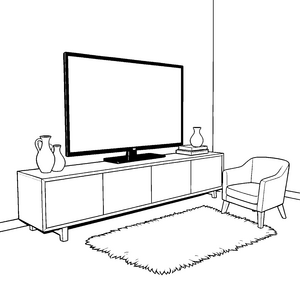 Moderner Fernseher mit Sessel und Teppich Malbild für kleine Wohnzimmerfreunde