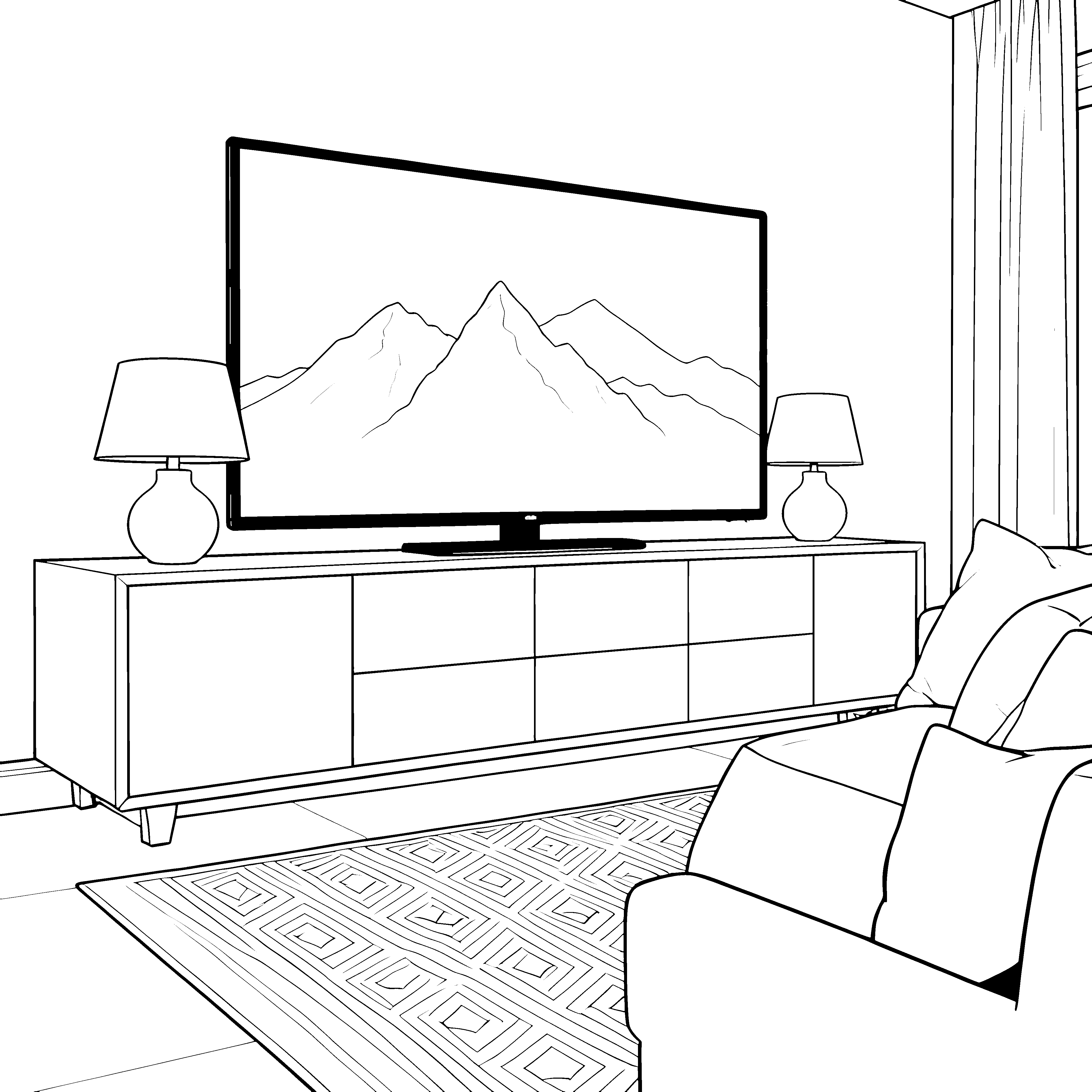 Stiller Fernseher mit Bergpanorama Ausmalbild für mutige Spürnasen