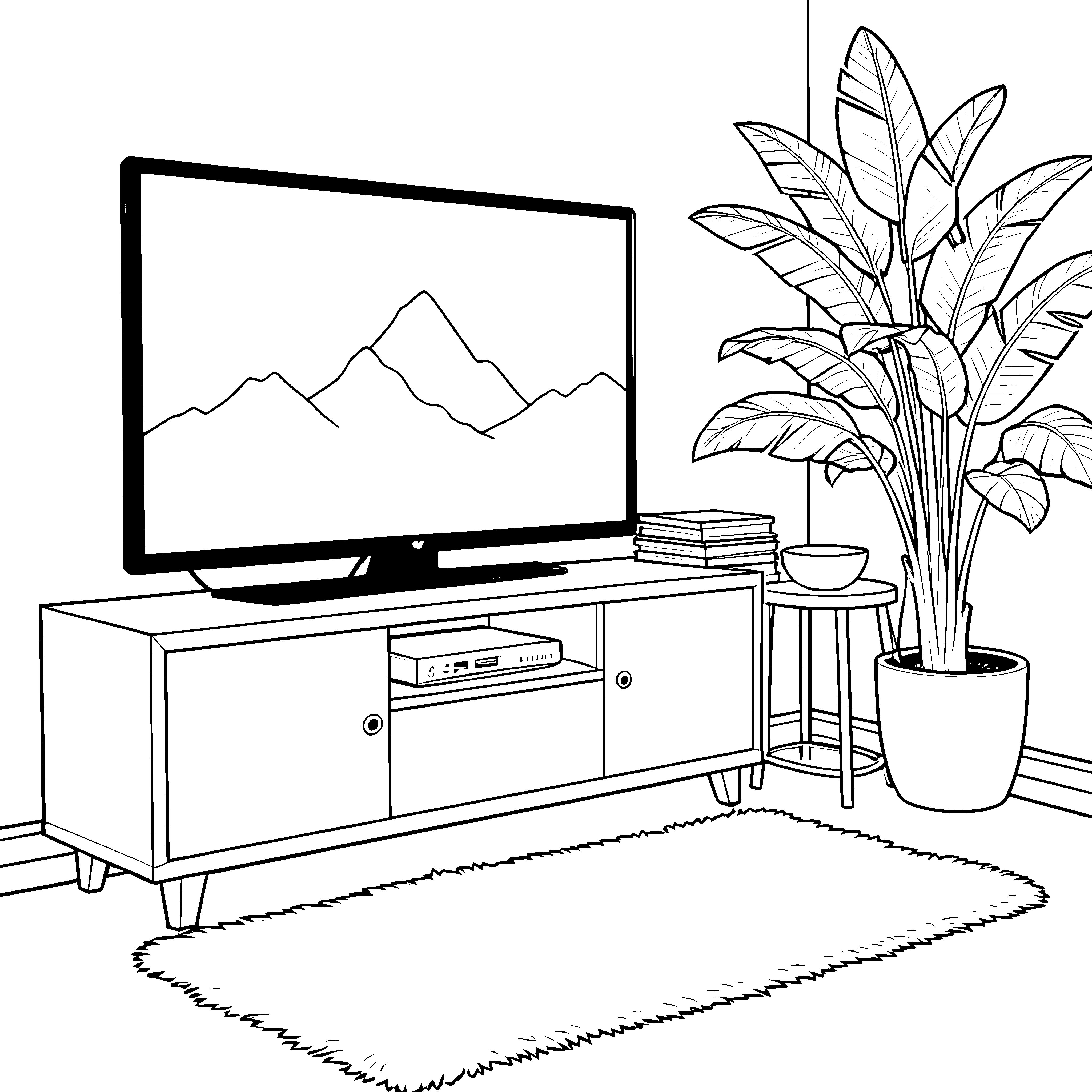 Entspannter Fernseher mit Zimmerpflanze Malvorlage für neugierige Wohnzimmerfreunde