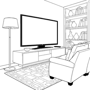 Gemütlicher Fernseher mit Sessel Ausmalbild für kleine Bücherwürmer