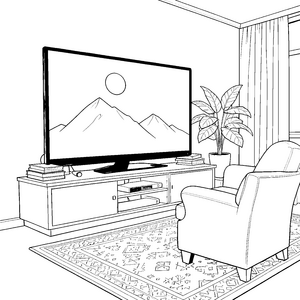 Moderner Fernseher mit Berglandschaft Ausmalvorlage für fröhliche Hobbygärtner