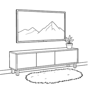 Modernes Fernseher-Wohnzimmer mit Gebirgsbild Ausmalbild für malfreudige Tüftler