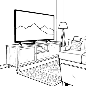 Gemütlicher Fernseher mit Bergpanorama Ausmalbild für malfreudige Wohnzimmerfreunde