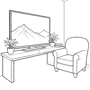 Spektakulärer Fernseher mit Gebirgslandschaft Ausmalbild für kreative Abenteurer