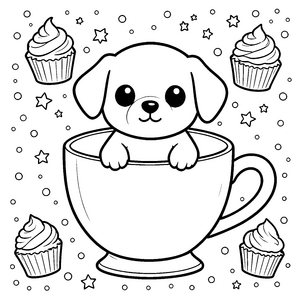 Fröhlicher Kawaii-Hund in Tasse mit Cupcakes Ausmalbild für junge Spürnasen