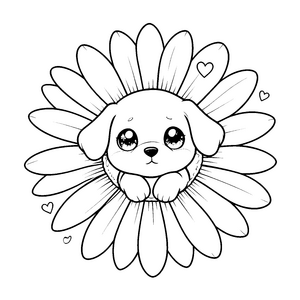 Lieblicher Kawaii-Hund in Sonnenblume Ausmalvorlage für neugierige Tierfreunde
