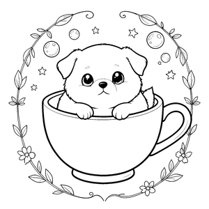 Verspielter Kawaii-Hund in Tasse Malbild für neugierige Abenteurer