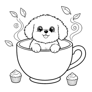 Fröhlicher Kawaii-Hund in großer Tasse Malvorlage für neugierige Bücherwürmer