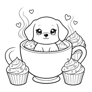 Lieblicher Kawaii-Hund mit Cupcakes Malbild für kleine Sternengucker