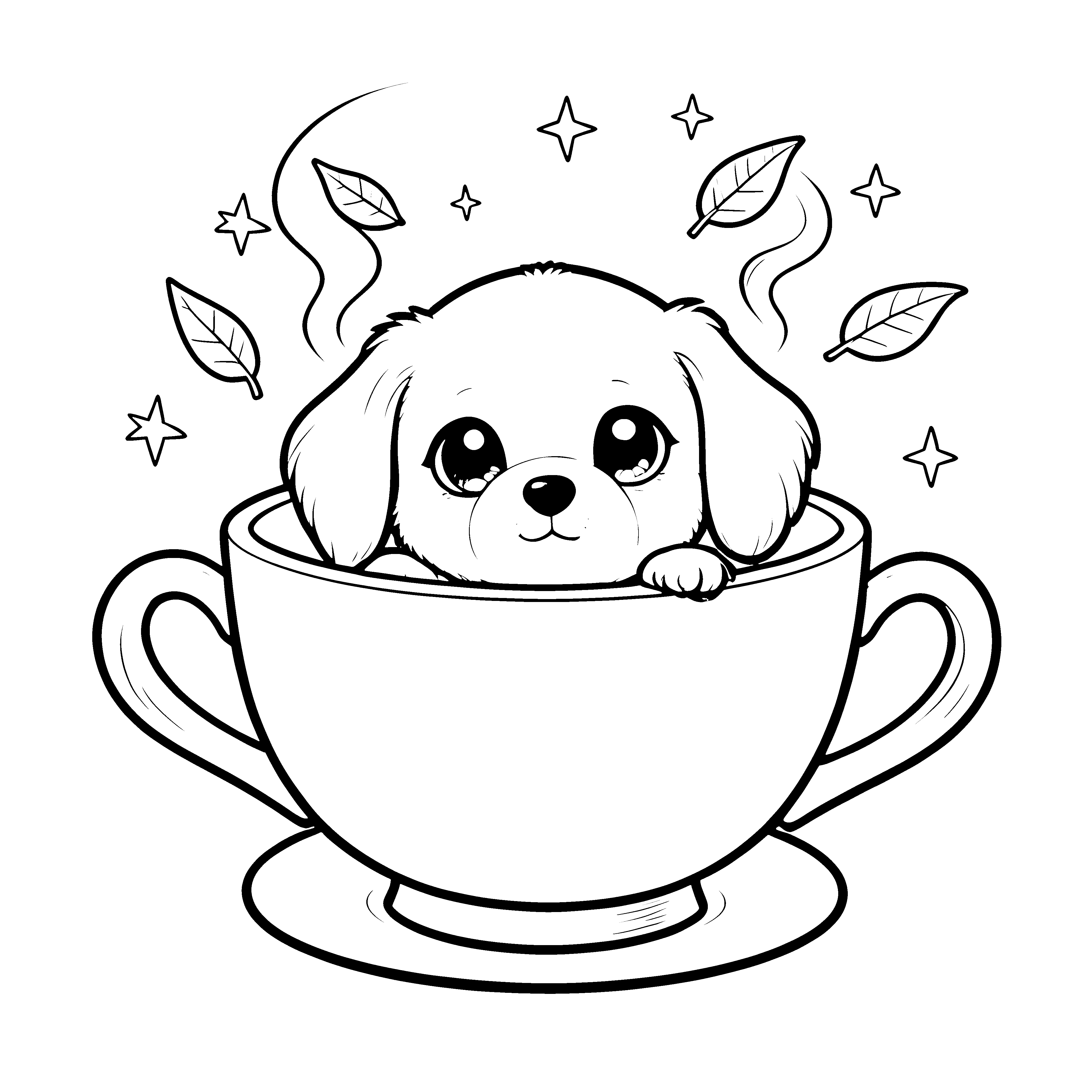 Sanfter Kawaii-Hund in großer Tasse Malvorlage für Naturfreunde