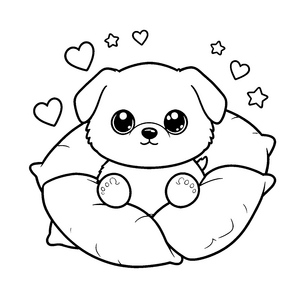 Lieblicher Kawaii-Hund auf Kissen Ausmalvorlage für kleine Tierfreunde
