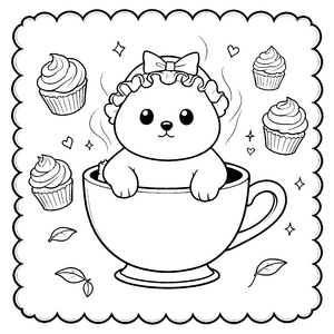 Verspielter Kawaii-Hund in Tasse Ausmalbild für mutige Spürnasen